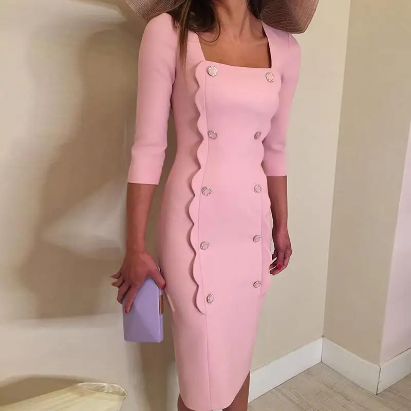 2019 Designer Square Collar Ruffles Double Breasted Slit Dress Elegant Pink Party Midi Dresses
2019 Designer Square Collar Ruffles Double Breasted Slit Dress Elegant Pink Party Midi Dresses