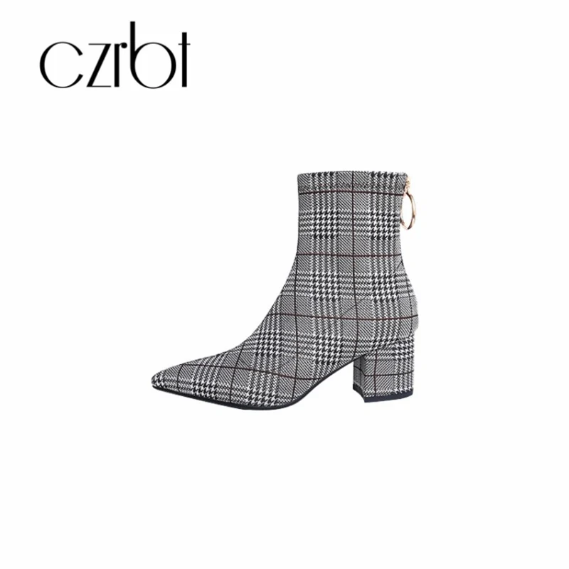 CZRBT 2018 Fall New Boots Women's Coarse Small Pointed Elastic Plaid Lady women | Обувь