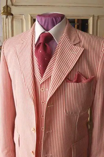 Image 2017 Summer Red Pinstripe Seersucker Men Blazer Designs Wedding Tuxedos Prom Slim Fit Men Suit Jacket Custom Made(Jacket+Pant)