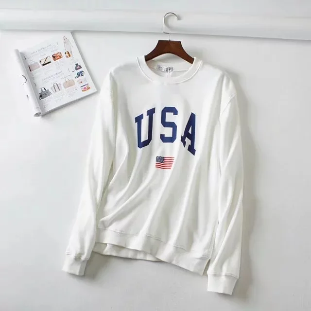 Womens Hoodies Usa Long Sleeve O Neck Hoodie Letter Printed Sweatshirt Jumper Pullover Tops Autumn Winter Femme Loose White Coat (Us