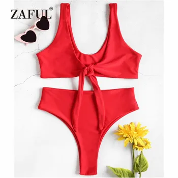 

ZAFUL Knotted Bikini Swimwear Women High Waist Swimsuit Front Tie High Cut Bralette Bikini Set Plunging Neck Biuqni Bathing Suit
