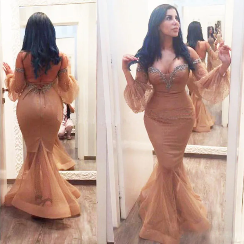 Sexy Mermaid Plus Size Evening Dresses Champagne with Silver Sequins Elegant Off Shoulder Long Sleeves Pageant Prom Gowns139