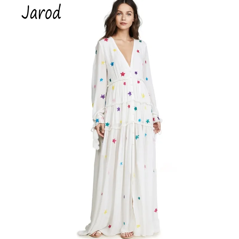 Runway Spring Women Boho Chiffon White Split Dress Embroidery Stars Tassel Dress Sexy Deep V Neck Holiday Maxi Dress
Runway Spring Women Boho Chiffon White Split Dress Embroidery Stars Tassel Dress Sexy Deep V Neck Holiday Maxi Dress