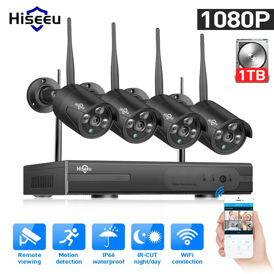 

Hiseeu 8CH 1080P HD Outdoor IR Night Vision Video Surveillance 4pcs Security IP Camera 2MP WIFI CCTV System Wireless NVR Kit HDD