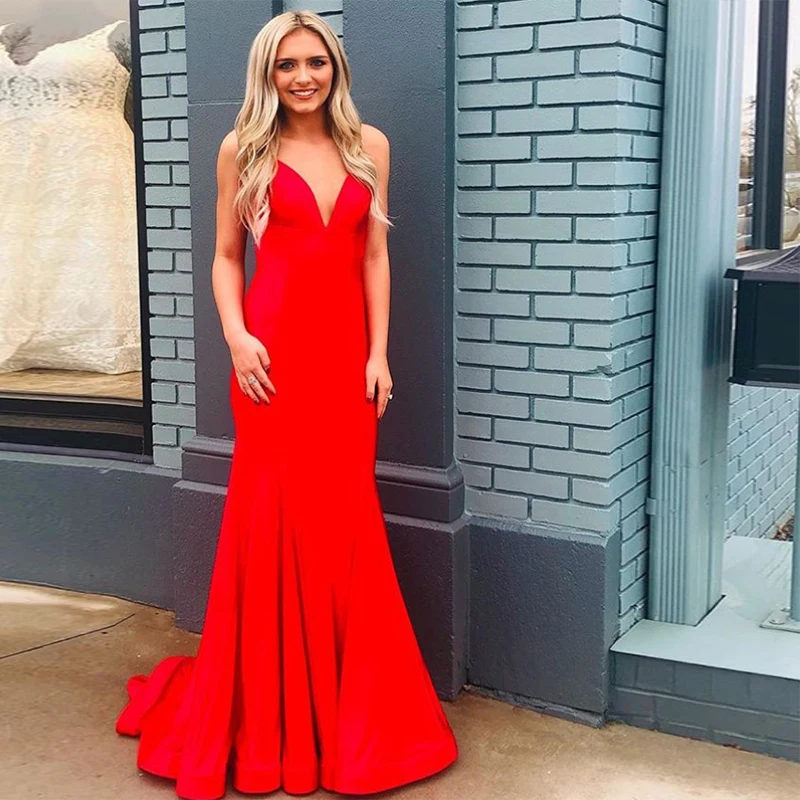 V-neck Long Mermaid Evening Dresses Sexy Crisscross Back Sweep Train Satin Formal Party Dresses Simple Cheap Robe De Soiree
V-neck Long Mermaid Evening Dresses Sexy Crisscross Back Sweep Train Satin Formal Party Dresses Simple Cheap Robe De Soiree