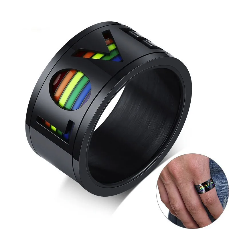 Simple 11mm Black Spinner Rings for Men Hollow Rainbow LOVE Wedding Bands Stainless Steel Rotatable Stress Release LGBT Jewelry
Simple 11mm Black Spinner Rings for Men Hollow Rainbow LOVE Wedding Bands Stainless Steel Rotatable Stress Release LGBT Jewelry