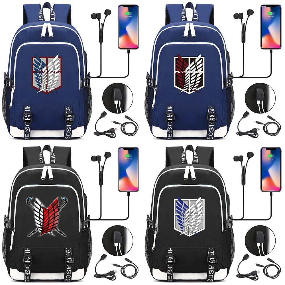 Cartoon Anime Attack on Titan Wings USB Headphone Jack Boy Girl School bag Women Teenagers Canvas Men Laptop Backpack Packsack
Cartoon Anime Attack on Titan Wings USB Headphone Jack Boy Girl School bag Women Teenagers Canvas Men Laptop Backpack Packsack