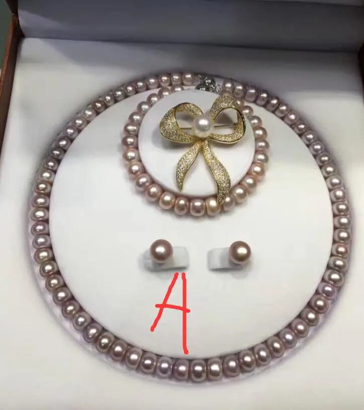 

free shipping luxury Noble jewelry A B C(CAN CHOOSE) 8-9mm Freshwater Pearl necklace& BRACELET earring brooch set 45CM