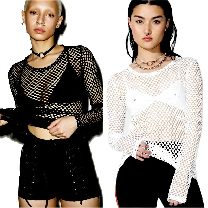 

2017 Womens Fishnet Exposed Fishnet T-Shirt Hipsters Vintage Gothic Casual Tops Loose Summer Fashion Sheer Mesh Tops T Shirt