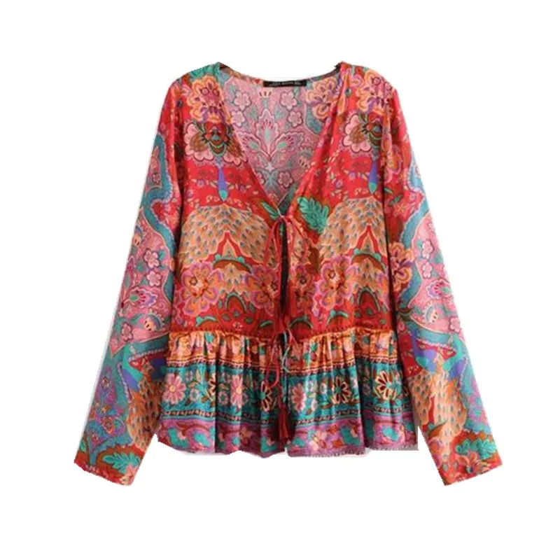Bohemian Hollow out Lace Spliced Flower Peacock Print Red Kimono Shirt 2018 Women V neck Lace up Cardigan Blouse
Bohemian Hollow out Lace Spliced Flower Peacock Print Red Kimono Shirt 2018 Women V neck Lace up Cardigan Blouse