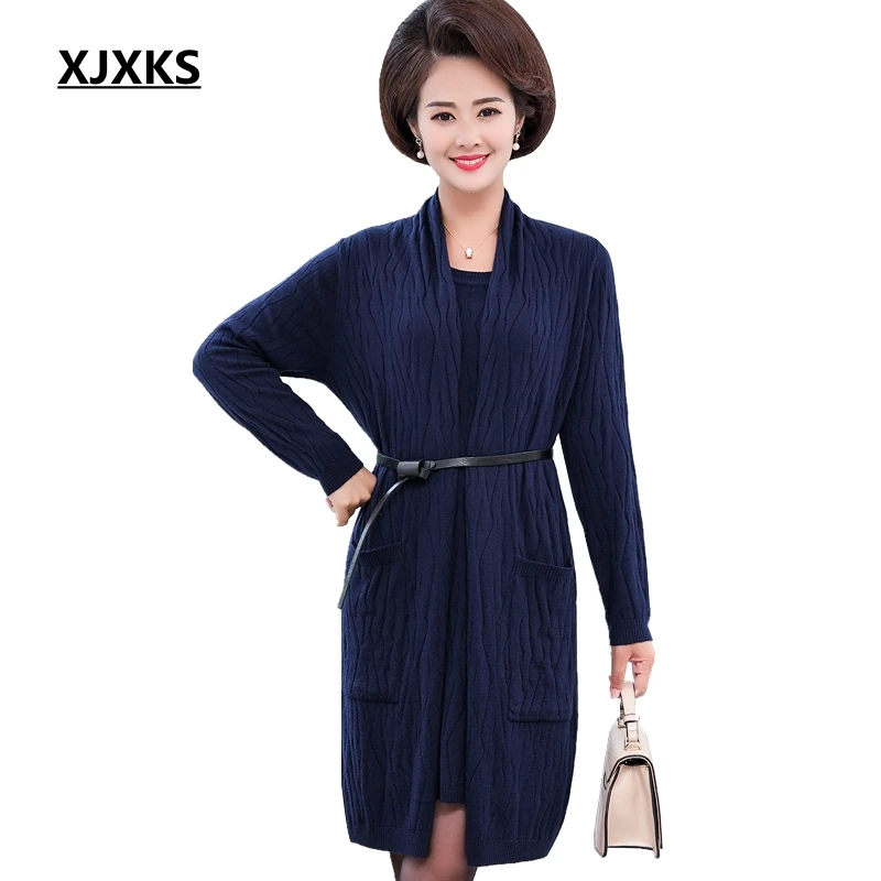 XJXKS Autumn 2019 Elegant Long Sweater Two-piece Sweater Tank+ Cardigan Pockets Long-sleeved Knitted Women Sweater Cardigan Sets
XJXKS Autumn 2019 Elegant Long Sweater Two-piece Sweater Tank+ Cardigan Pockets Long-sleeved Knitted Women Sweater Cardigan Sets