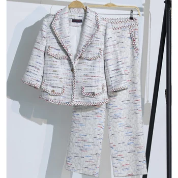 2 Piece Set Women 2019 Spring Autumn Ladies Brand Fashion Half Sleeve One Button Coat+straight Pant Weave Tweed Suit Set Y101 
2 Piece Set Women 2019 Spring Autumn Ladies Brand Fashion Half Sleeve One Button Coat+straight Pant Weave Tweed Suit Set Y101