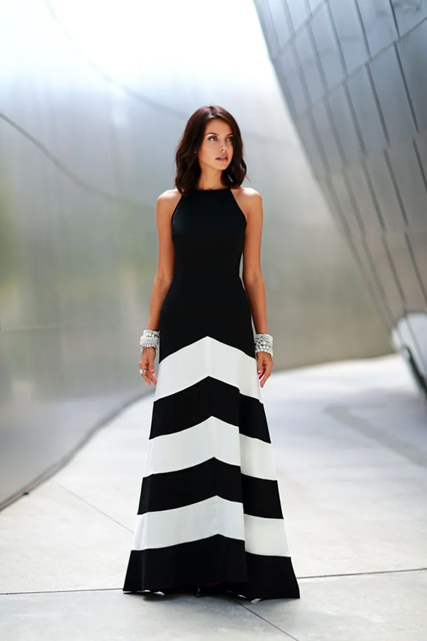Women Black and White Striped Sleeveless Slim Fit Long Loose Dress
Women Black and White Striped Sleeveless Slim Fit Long Loose Dress