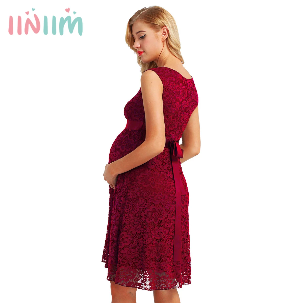 

Women Maternity Elegant Floral Lace Overlay Sleeveless Baby Shower Party Cocktail Dress with Ribbon Belt for Maternity Clothing