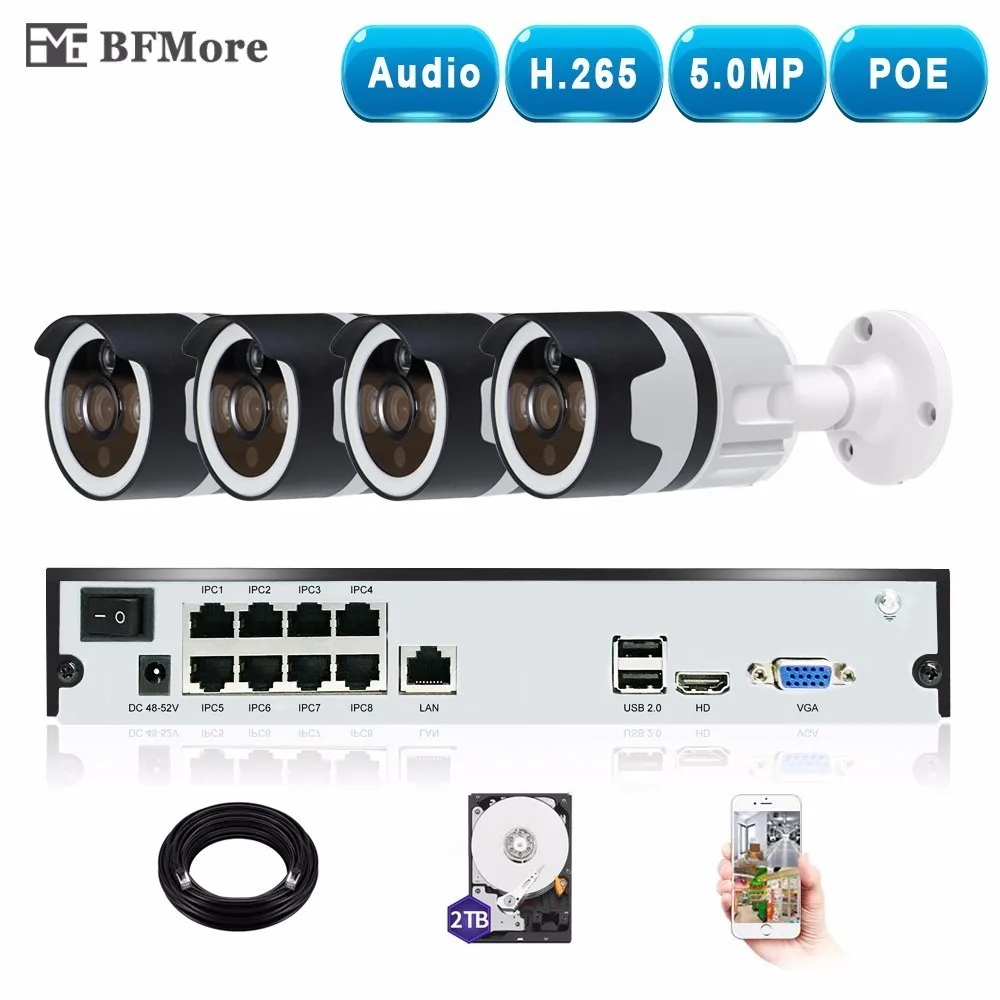 Фото BFMore H.265 5.0MP POE+Audio 4CH NVR Kit CCTV System IP Camera P2P IR IP66 Weatherproof Security Surveillance Set Email Alarm |