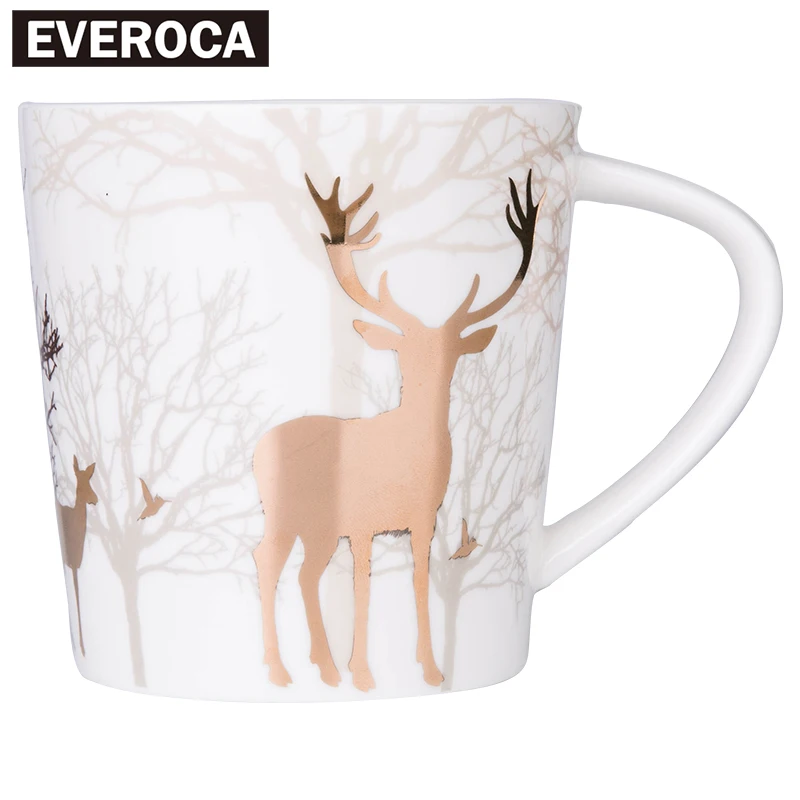 Gold Plated Elk Forest Mug Matte Light Ceramic Milk Mug Wood Cover Coffee Mug
