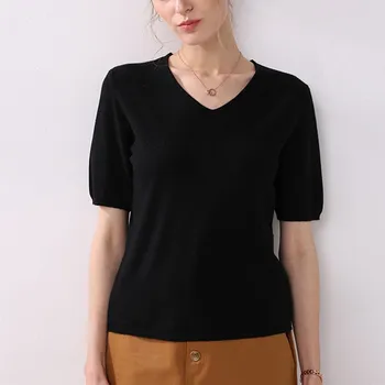 2019 Women V-Neck Knitted Top Short Sleeve Loose Casual Tshirt Basic Pure Summer Tee
2019 Women V-Neck Knitted Top Short Sleeve Loose Casual Tshirt Basic Pure Summer Tee