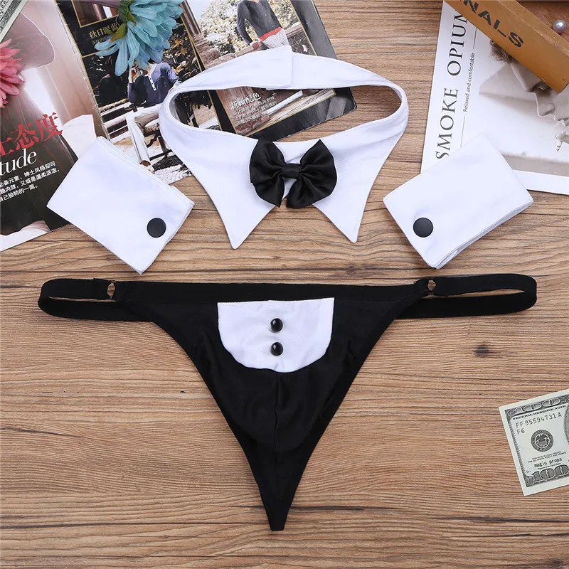 3Pcs Mens Lingerie Butler Waiter Lingerie Suit Open Back Tuxedo G-string Thong Underwear Briefs with Bow Tie Collar Bracelets
3Pcs Mens Lingerie Butler Waiter Lingerie Suit Open Back Tuxedo G-string Thong Underwear Briefs with Bow Tie Collar Bracelets