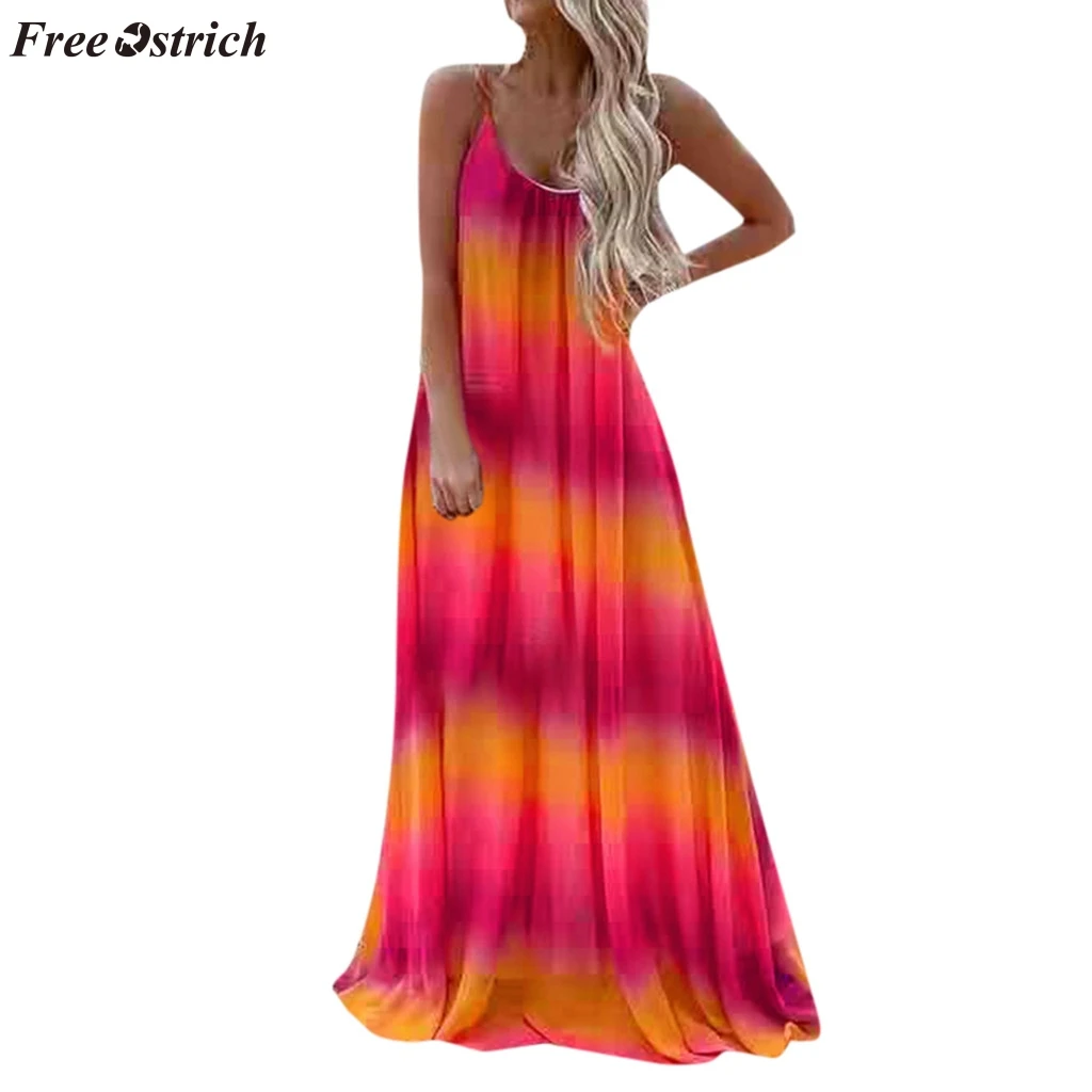 Женское прямое пляжное платье FREE OSTRICH летнее цветное с круглым вырезом и принтом