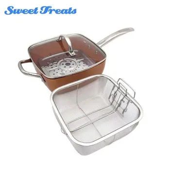Sweettreats Copper Square Pan Induction Glass Lid Fry Basket With Stainless Steel Handle, Steam Rack 4 Piece Set, 9.5 Inches
Sweettreats Copper Square Pan Induction Glass Lid Fry Basket With Stainless Steel Handle, Steam Rack 4 Piece Set, 9.5 Inches