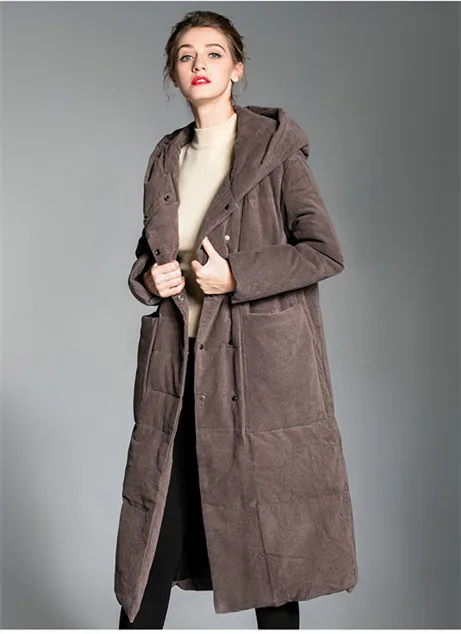 Winter New Down Jacket Corduroy Long White Duck Down Ms Jackets Thick Warm Overcoat Korean Brand Coat female Hooded Big Pocket (10)