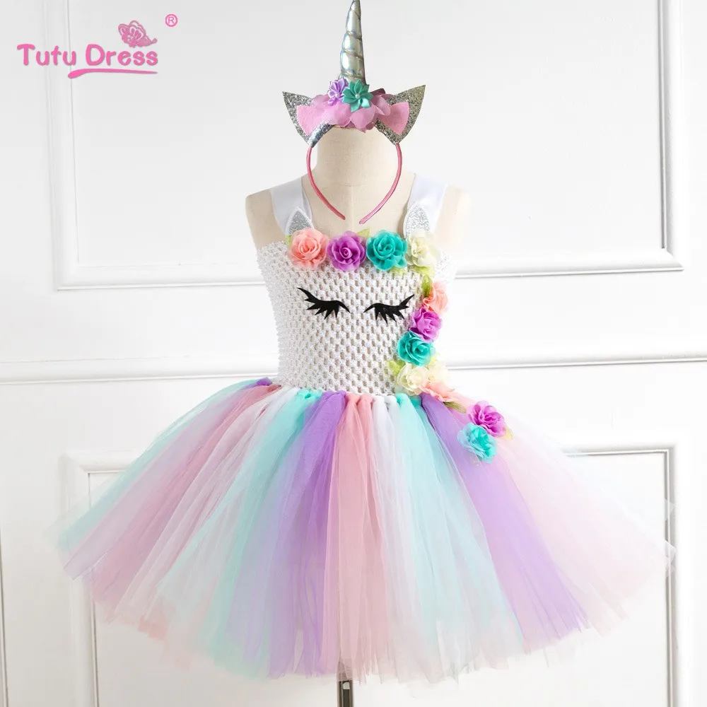 

Flower Girls Unicorn Tutu Dress Pastel Rainbow Princess Girls Birthday Party Dress Children Kids Halloween Unicorn Costume 1-12Y