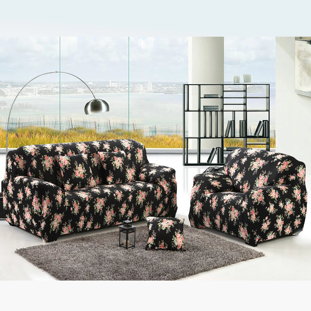 Image Hot sale 1 2 3 4 Seat Sofa Cover Spandex Stretch Slipcover  Black Rose Printed Sofa Furniture Cover