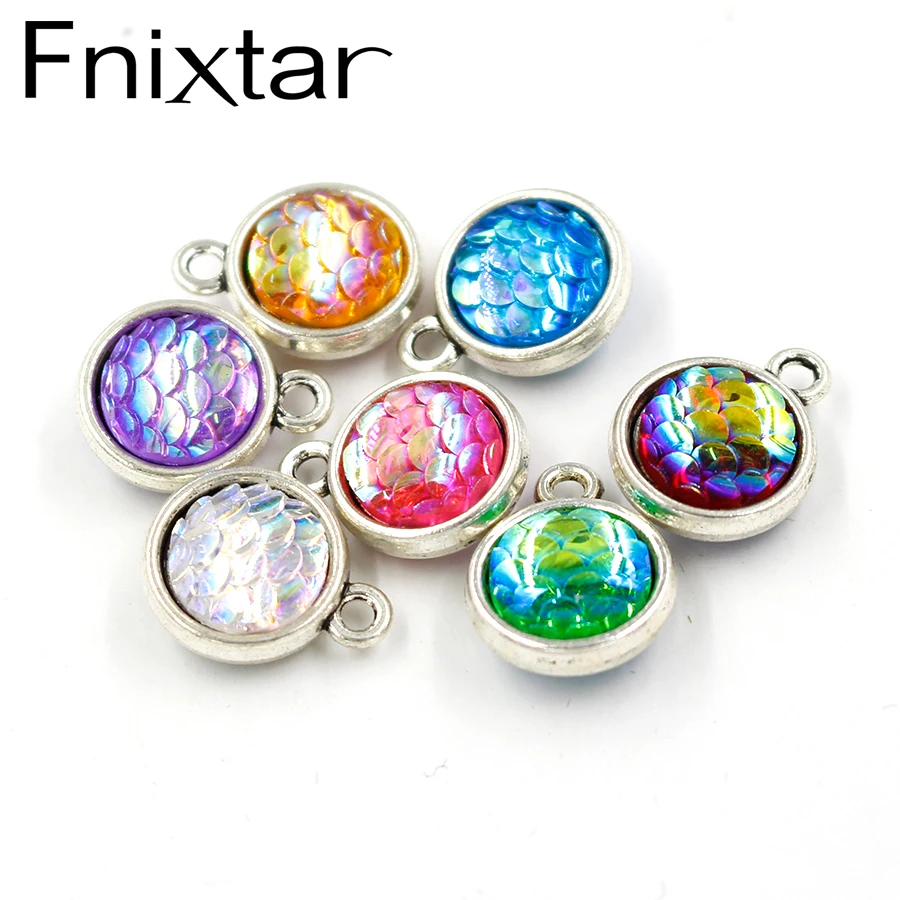 

Fnixtar Antique Silver Alloy 10mm Two Sided Mermaid Scale Charms Resin Fish/ Dragon Scale Charms Jewelry Making DIY 12pcs/lot