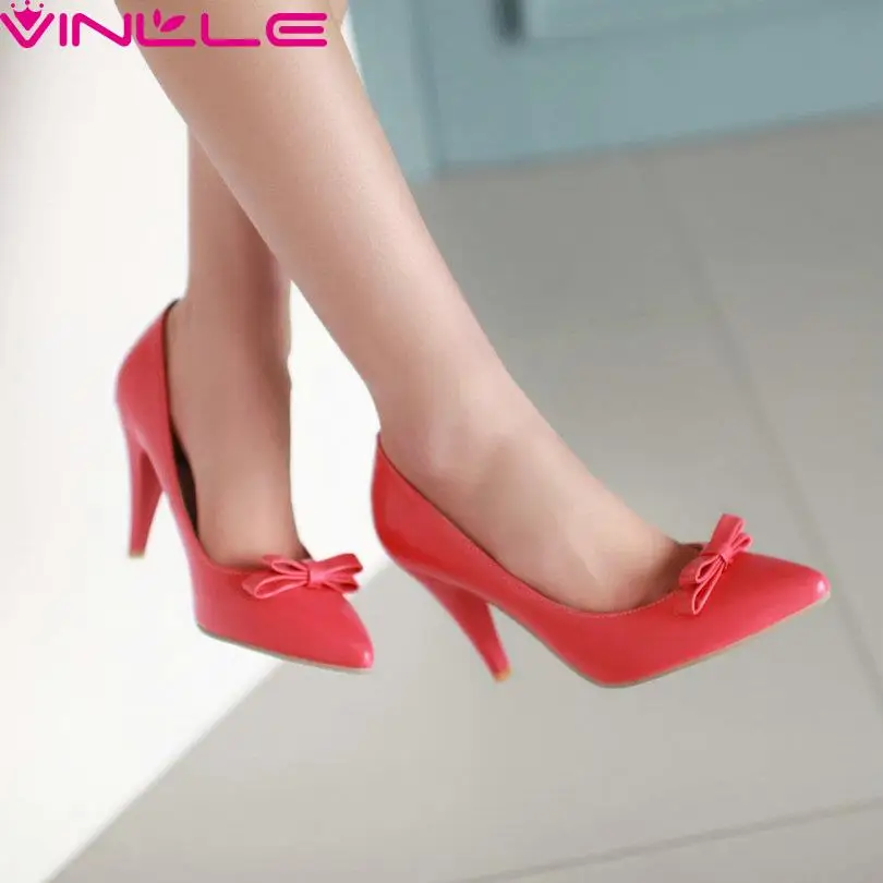 Slip On Pointed Toe Basic Miss Shoes,Thin High Heel PU leather Bow Tie New Spring Autumn Fashion Women Pumps Size 34-43 Peach