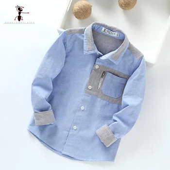 

Kung Fu Ant 2018 New Arrival Cotton Turn-down Collar Oxford Cotton Patchwork Pockets School Uniforms Boys Shirts Blouse 3002