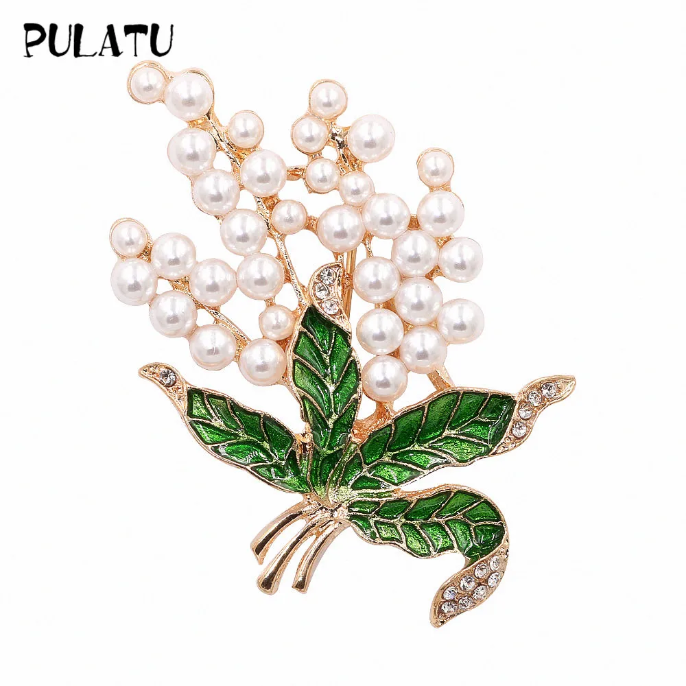 

PULATU Luxurious Pearl Flower Brooches for Women Green Enamel Leaves Brooch Pin Wedding Accessories Fashion Jewelry Gift