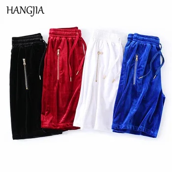 

4pcs Oversized Velvet Shorts Men Women Hip Hop Side Zip Velour Joggers Shorts Black/white/red/blue Kanye West Streetwear Casual