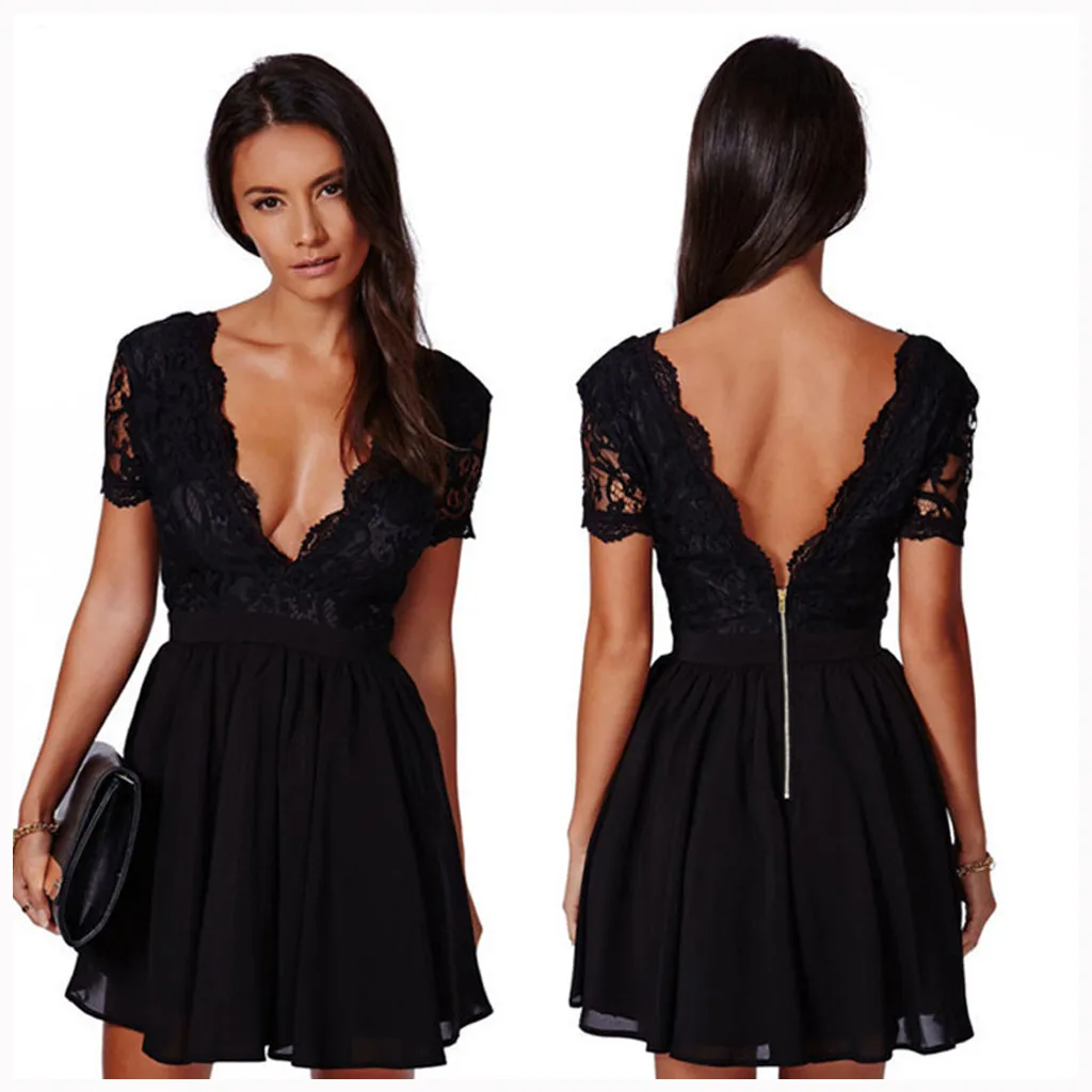 Dress summer Women black Sexy V-Neck Lace Solid Backless chain Short Sleeve Mini 2019 new arrival slim soft touch dress | Женская одежда
