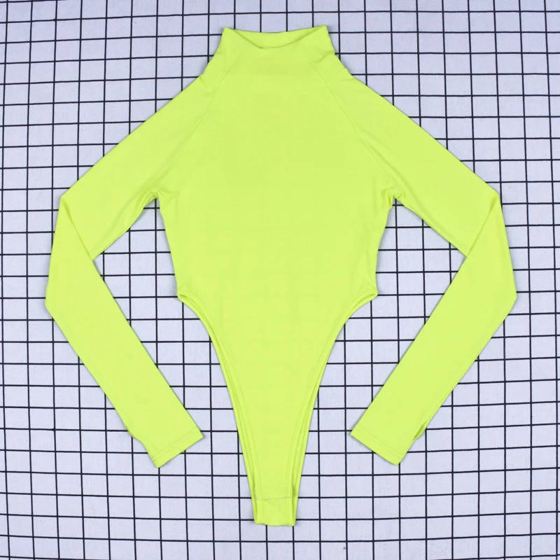Dulzura high neck long sleeve high waist neon bodysuit 2019 autumn winter women sexy skinny stretch body clothing