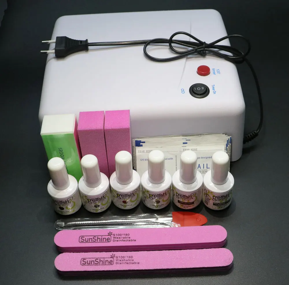 36W Lamp 6 pcs Gel polish set + Top base coat + Buffer + Remover + UV Soak Off LED Gel Nail art Lacquer kit diy Curing Manicure
36W Lamp 6 pcs Gel polish set + Top base coat + Buffer + Remover + UV Soak Off LED Gel Nail art Lacquer kit diy Curing Manicure