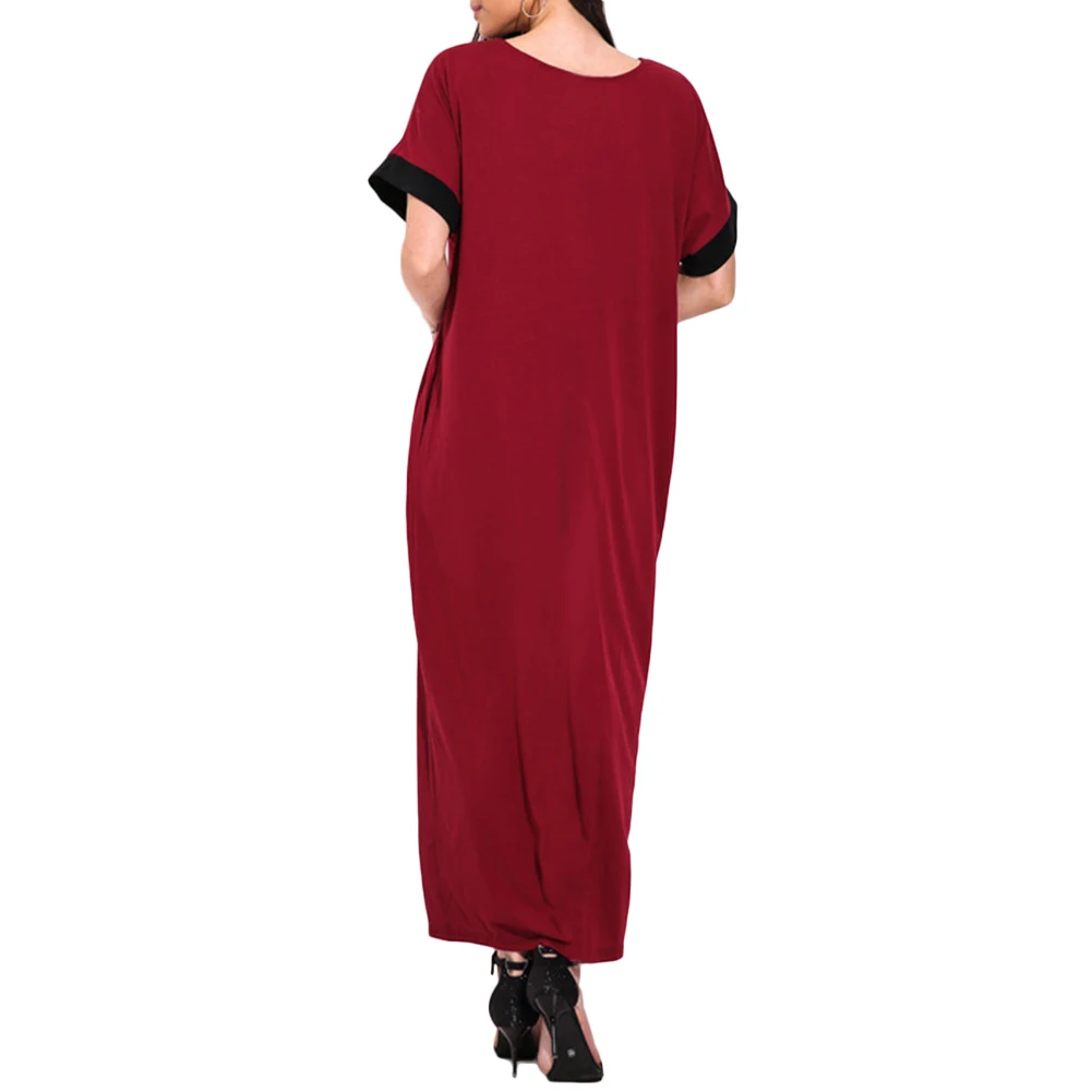 red O Neck Short Sleeve Plus Size Long Dress 