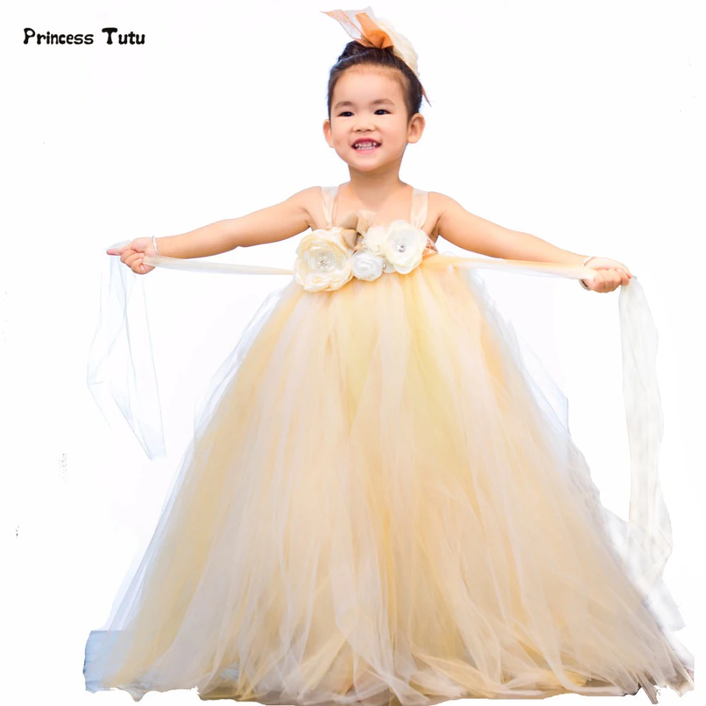 

Champagne Tutu Dress Kids Tulle Flower Girl Dresses Wedding Pageant Gowns Formal Princess Dress Baby Girl Party Dress Vestidos