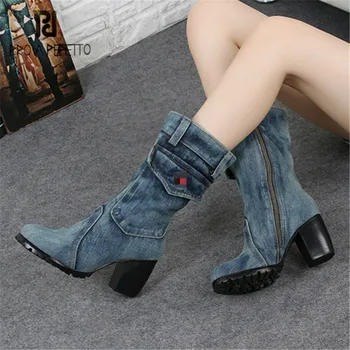 Prova Perfetto Women Denim Boots Pocket Design Botas Mujer Chunky High Heels Ladies Winter Warm Knight Boots Rubber Shoes Woman
Prova Perfetto Women Denim Boots Pocket Design Botas Mujer Chunky High Heels Ladies Winter Warm Knight Boots Rubber Shoes Woman