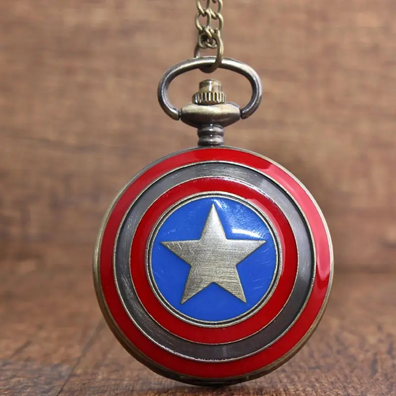 Vintage Captain America Shield Quartz Pocket Watch Necklace For Men Women Star Silver Case Flip Fob Chain Clock Pendant Children
Vintage Captain America Shield Quartz Pocket Watch Necklace For Men Women Star Silver Case Flip Fob Chain Clock Pendant Children