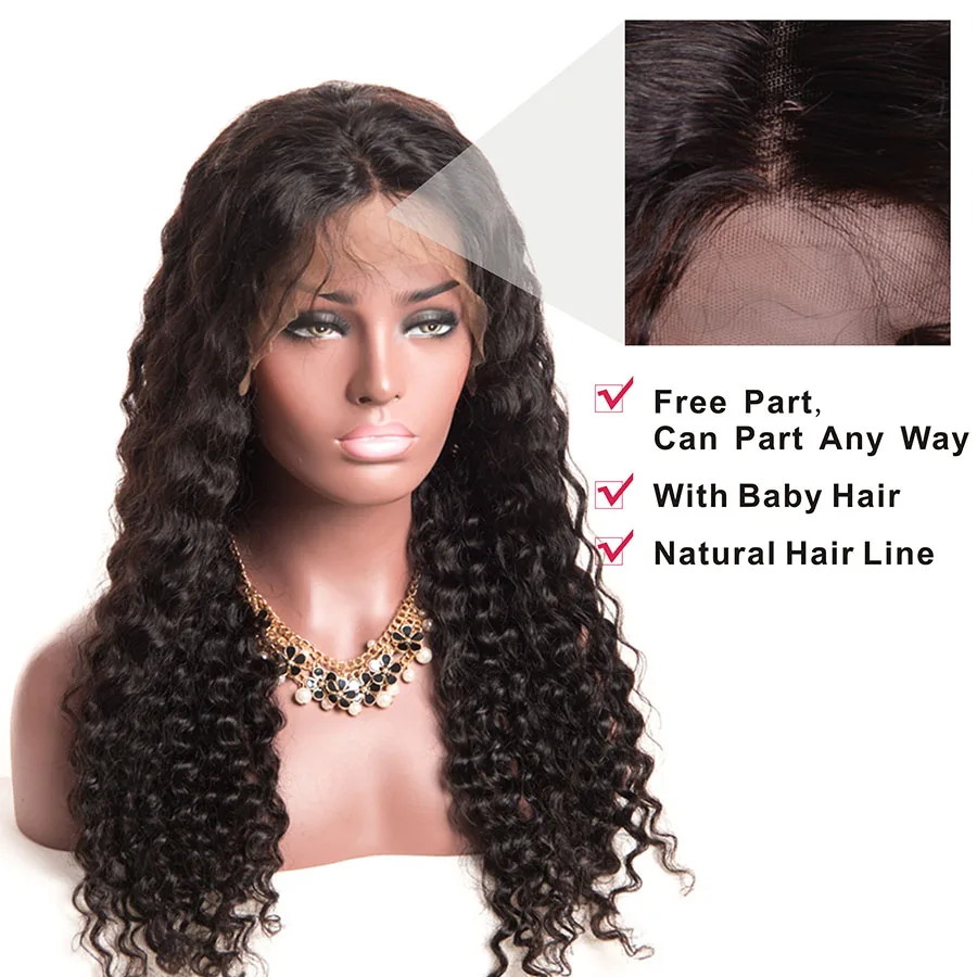 altMslynn Pre Plucked Lace Front Human Hair Wigs For Black Women Deep Wave Brazilian Wig With Baby Hair Non Remy Hair Natural Black
