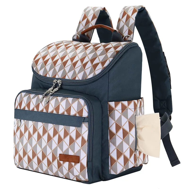 White&Blue Triangle Grid Flower Printed Square Vertical Section Mummy Diaper Bags Zipper Pocket Canvas Casual Backpack 11