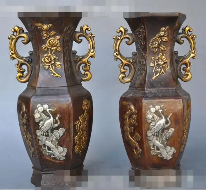 S00546 9"chinese Dynasty palace bronze gilt Crane bird Flower Bottle Vase Statue pair B0403
S00546 9"chinese Dynasty palace bronze gilt Crane bird Flower Bottle Vase Statue pair B0403
