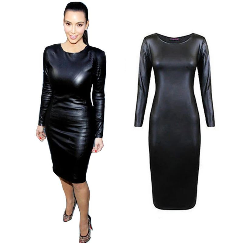 Image Fashion Women Bandage Dress PU Dress Leather Long  Sleeve Sexy Party Bodycon Women s Clubwear Midi Vestidos