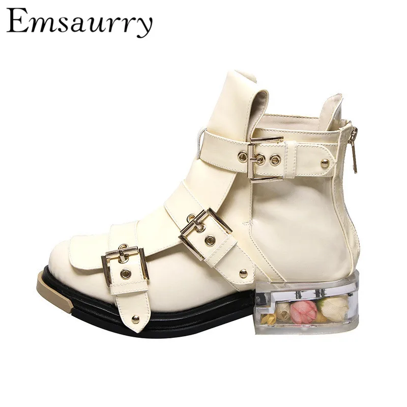 Novelty Studded Buckle Martin Boots Unique Transparent Square Heel Round Toe Back Zip Flower Decor Ankle Boots Women
Novelty Studded Buckle Martin Boots Unique Transparent Square Heel Round Toe Back Zip Flower Decor Ankle Boots Women