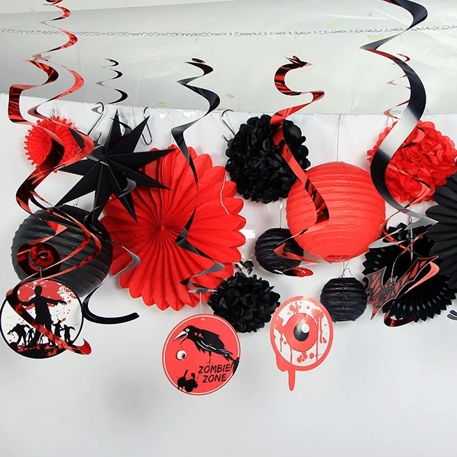 

Set of 16 Black Red Halloween Decoration Kit Paper Lanterns Fans Pinwheels Tissue Pom Poms Spooky Foil Swirls Halloween Party