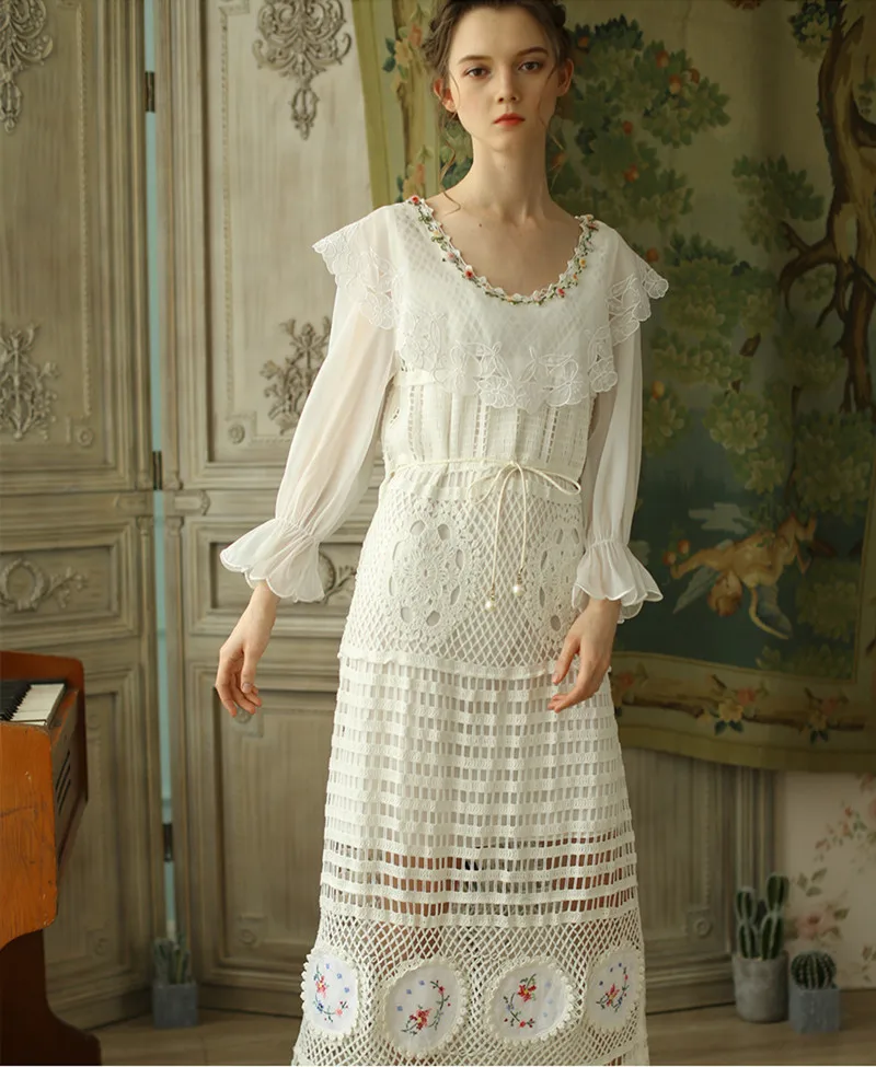 Spring Autumn Women Vintage Elegant White Maxi Dress Ladies Retro Sweet Casual Loose Lace Cross Embroidery Long Knitted Dresses
Spring Autumn Women Vintage Elegant White Maxi Dress Ladies Retro Sweet Casual Loose Lace Cross Embroidery Long Knitted Dresses