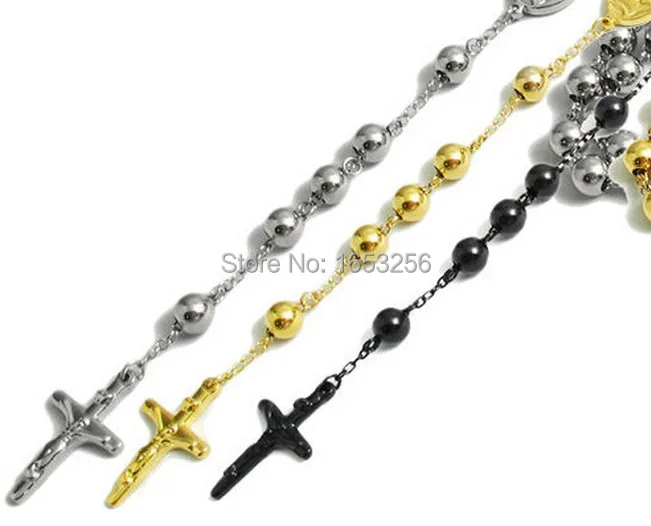 

Choose Color ,Black/Gold/Silver 316L Stainless Steel JESUS Cross Ball Rosary Necklace For Women Men 4mm wide