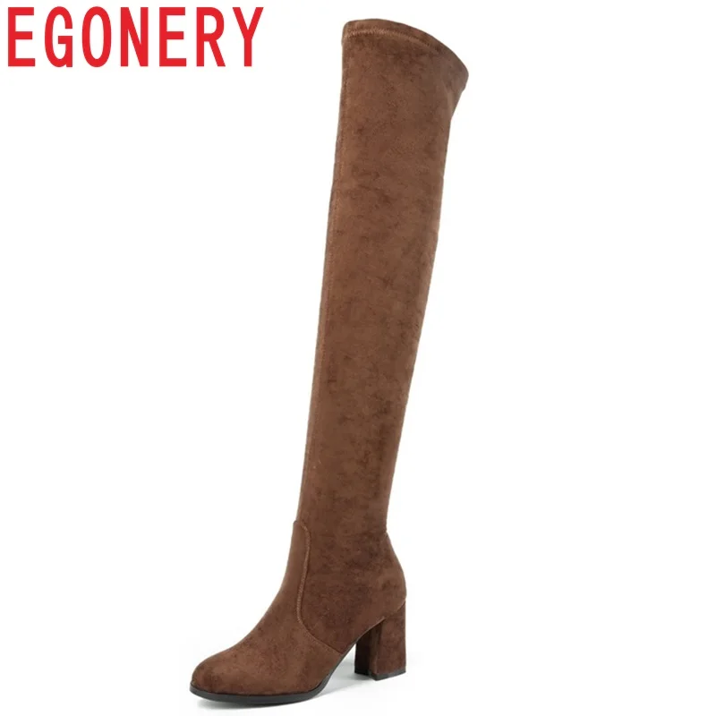 

EGONERY 2018 newest popular faux suede women over the knee boots high hoof heels round toe three colors zip winter warm shoes