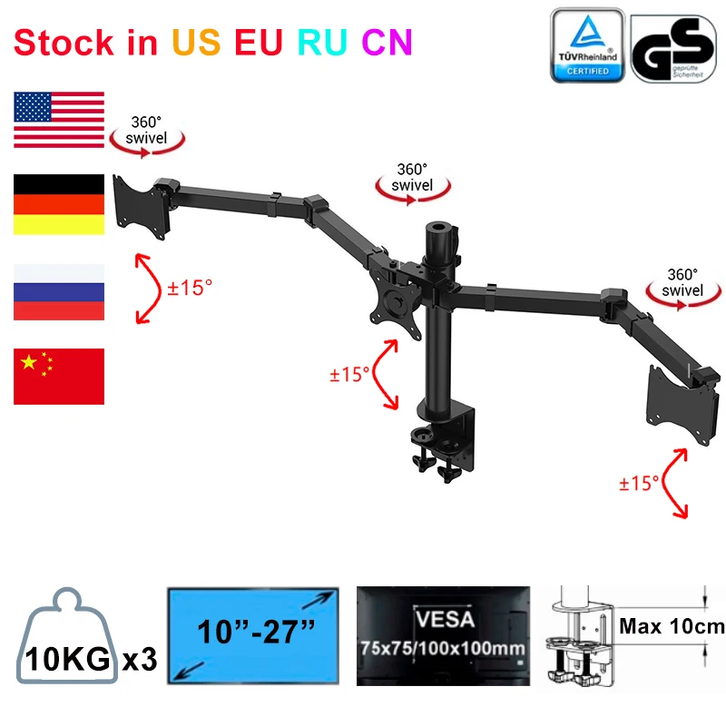 Triple Monitor Arms Full Motion Desktop Mount Stand Fit for Three LCD Screens 10"-27" Max Support 10KG Weight Per Arm
Triple Monitor Arms Full Motion Desktop Mount Stand Fit for Three LCD Screens 10"-27" Max Support 10KG Weight Per Arm