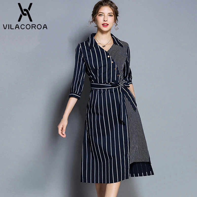 Fashion Elegant Stripe Dress For Women Vestidos Lapel Button Lace-Up Seven-Quarter Sleeve Knee-Length Women Dress robe femme
Fashion Elegant Stripe Dress For Women Vestidos Lapel Button Lace-Up Seven-Quarter Sleeve Knee-Length Women Dress robe femme